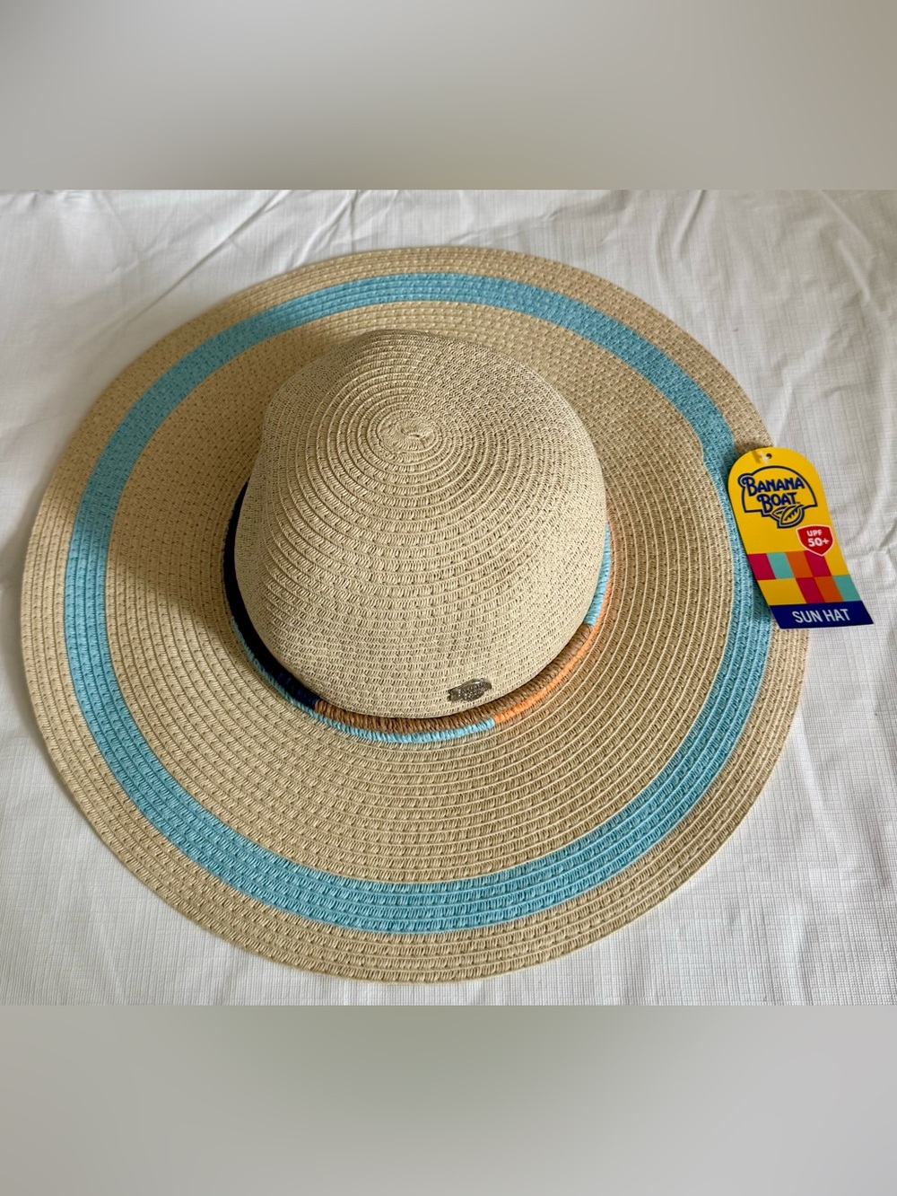 NWT Banana Boat Ladies Sun Hat Natural Blue Coral - UPF 50+ OS-7.5” MSRP $40